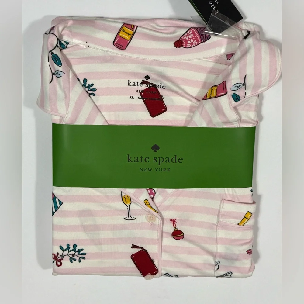 Kate Spade XL Pink/White Strip 2Pc Long Sleeve Notch Collar PJ Set - NWT